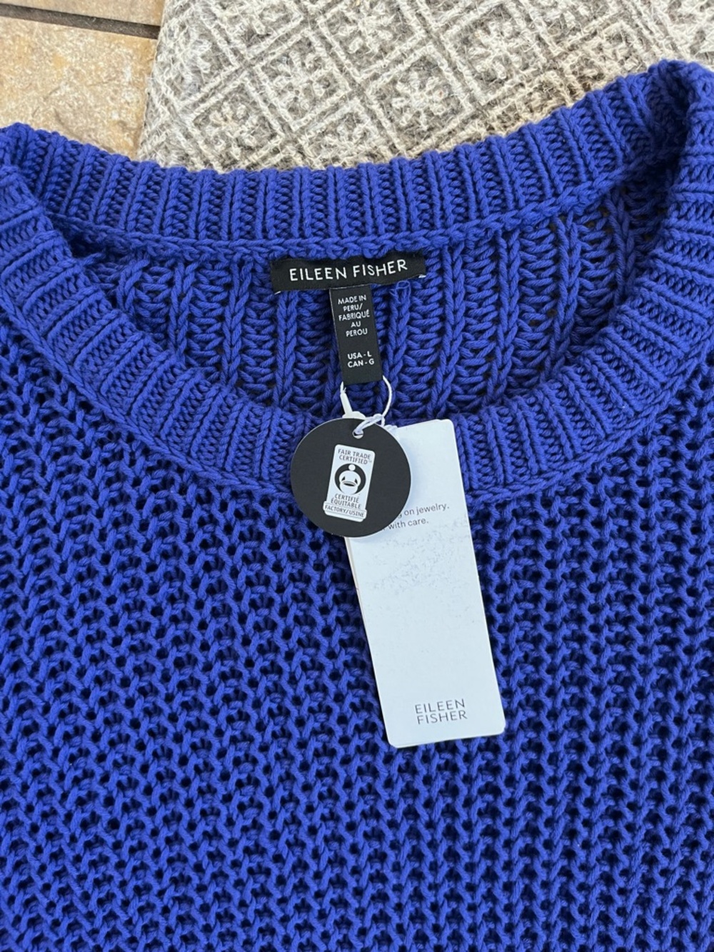 New 100% Organic Cotton Eileen Fisher Royal Blue Crewneck Open Stitch Sweater L - Picture 2 of 11